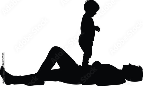 Father playing with child silhouette illustration, kid standing on dad stomach, happy parenting moment, family bonding vector isolated design
