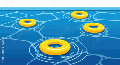 Yellow inflatable rings floating on blue water surface, summer fun, swimming pool