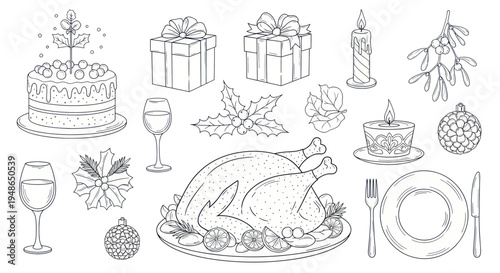 Christmas Dinner Elements: Roast Turkey, Cake, Gifts, Candle, Wine, Holly, Ornament