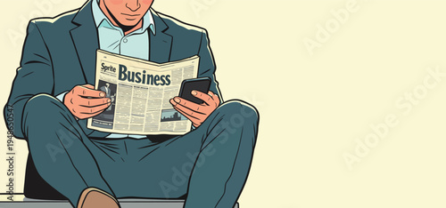 Businessman reads newspaper while using smartphone in waiting area during daytime