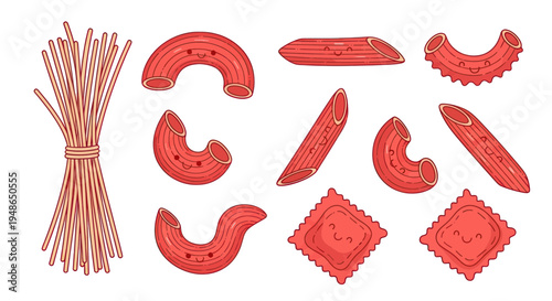Assortment of Red Pasta Shapes Collection - Spaghetti, Penne, Macaroni, Ravioli