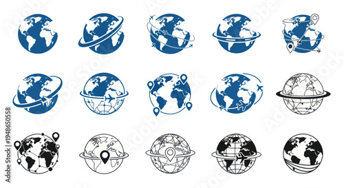 Global Travel and Technology Icons: Earth Globes with Arrows, Pins, and Planes