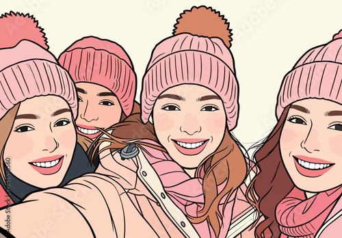 Friends enjoy a day together wearing pink hats and smiling for a selfie in winter