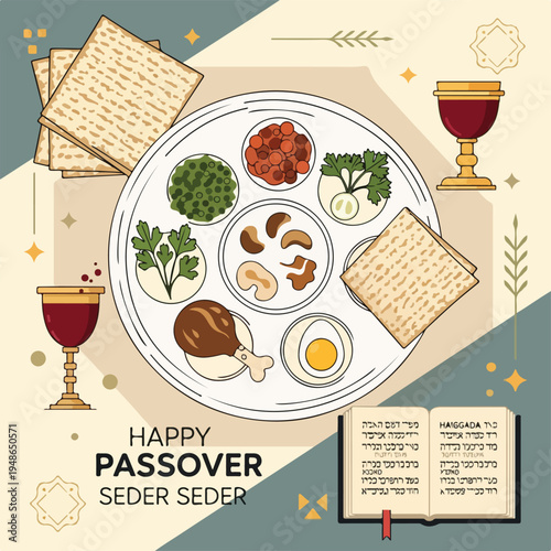 Colorful illustration with seder plate, wine, matzah, and text