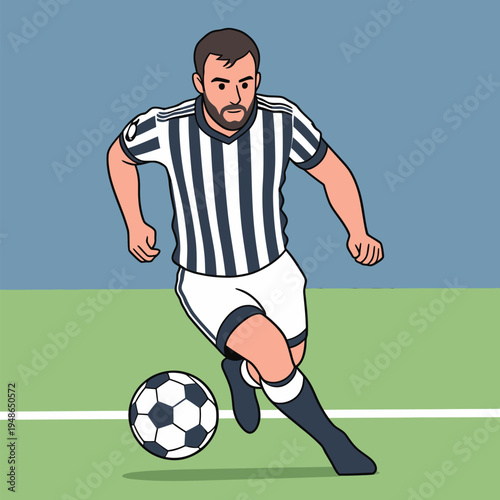 Soccer player runs towards ball on field during match in daytime