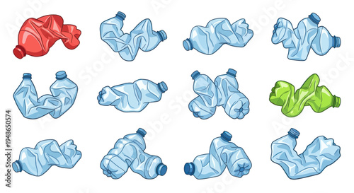 Crushed Plastic Bottles Set: Recycling, Waste, Pollution, Environment