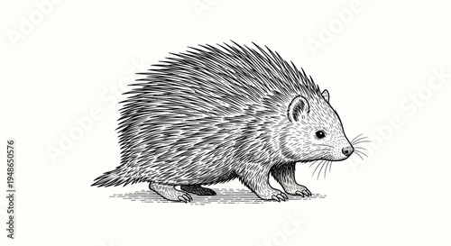Detailed Ink Drawing of a Porcupine Walking on White Background