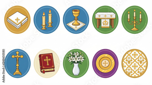 Altar Icon Set – Cloth, Candles, Chalice, and Church Table Symbols Flat Design
