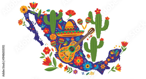 Mexico Map Fiesta: Guitar, Sombrero, Cacti, Maracas, Festive Flowers