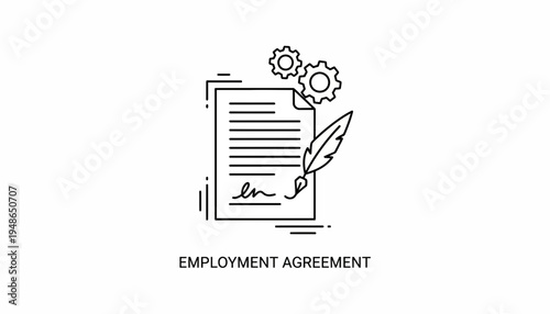 Employment Agreement Document with Feather Pen and Gears Icon - Business Contract Concept