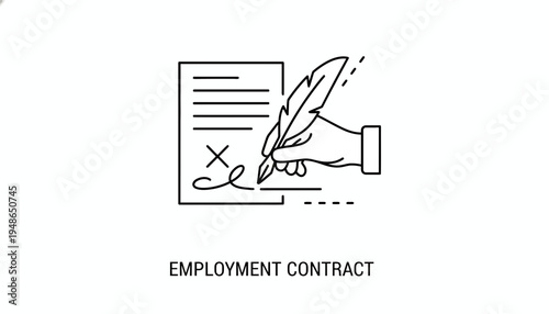 Employment Contract Signing with Feather Pen: Business Agreement and Legal Document Icon