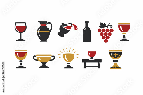 Wine and Chalice Icon Set – Cups, Jugs, and Grape Symbols Flat Design