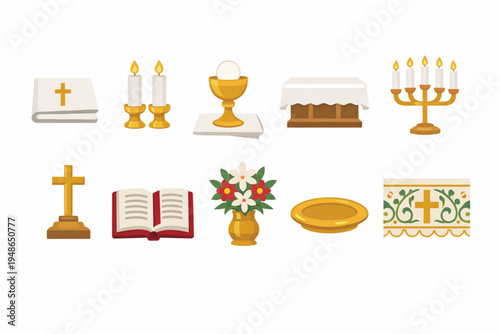 Altar Icon Set – Cloth, Candles, Chalice, and Church Table Symbols Flat Design