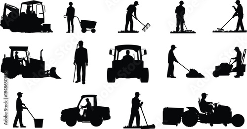 Landscaping and gardening worker silhouettes with tractor lawn mower rake and tools, professional garden maintenance crew, isolated black vector illustration set