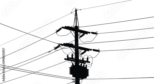 Electric power pole with transmission lines silhouette utility electricity distribution infrastructure with cables transformer and wires isolated illustration for energy industry design