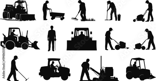 Gardening and landscaping worker silhouettes with tractor lawn mower rake and tools, professional garden maintenance workforce, isolated black vector illustration set