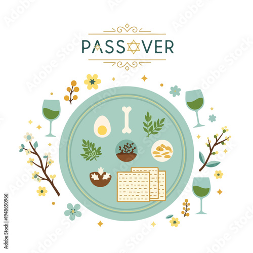 Colorful illustration with symbols, floral elements, and text "PASS OVER.