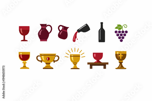 Wine and Chalice Icon Set – Cups, Jugs, and Grape Symbols Flat Design