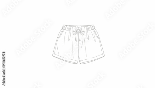 Fashion flat sketch of casual shorts with drawstring waist and pockets, isolated on white background.