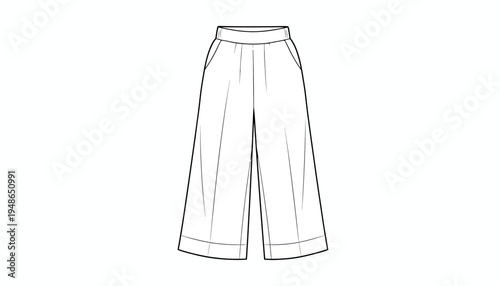 Fashion flat sketch of culottes pants, women's wide leg cropped trousers, fashion design illustration