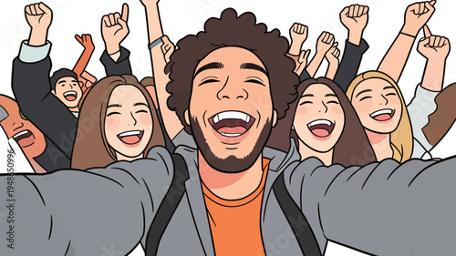 Crowd celebrates together at event with smiles and raised hands in a lively setting