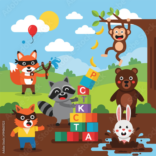 Cute illustrated scene of forest animals playing and building with alphabet blocks