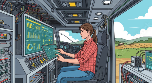 Woman working in hightech mobile control center.