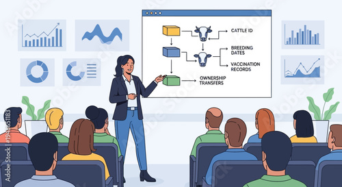 Businesswoman presenting a flowchart to an audience.