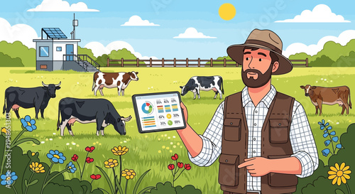 Farmer holding tablet showing data on a modern farm.