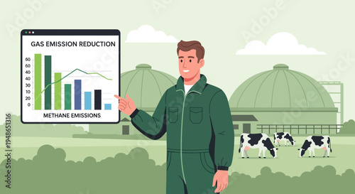 Farmer presenting gas emission reduction chart with cows and farm buildings.