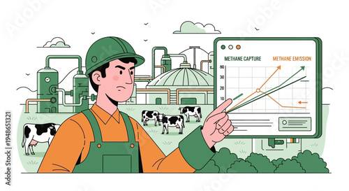 Farmer points at graph showing agricultural data analysis.