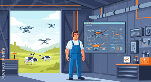 Farmer Standing Proudly in Modern Barn with Drones and Cows Outside.