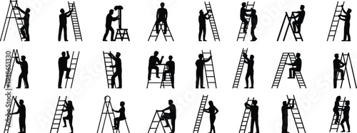 Worker ladder activity silhouettes collection with construction and maintenance poses, builders climbing step ladders for repair tasks, isolated black vector illustration set