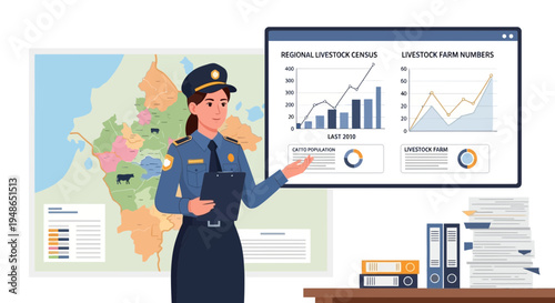 Police Officer Presenting Data and Statistics in Office.