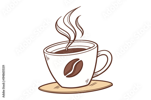 A steaming cup of coffee with a coffee bean illustration