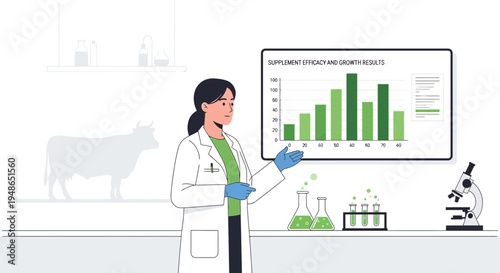 Scientist analyzing data with cow illustration and charts.
