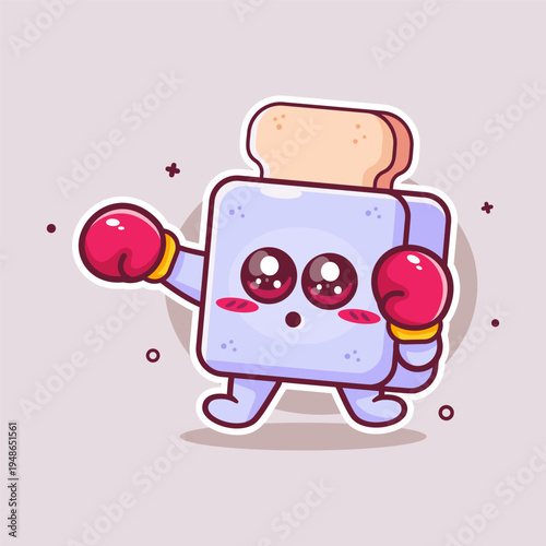 cute bread toaster machine character mascot playing boxing sport isolated cartoon