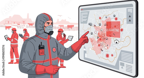 Scientist in Hazmat Suit Analyzing Global Pandemic Data on Interactive Screen.