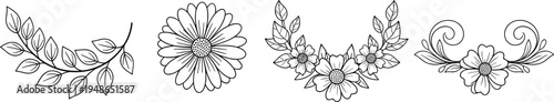 Floral line art elements set, elegant botanical flowers and leaves outline collection for decorative design and wedding invitations