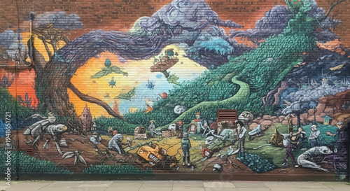 Vibrant Mural Depicting Mythical Creatures and Nature.