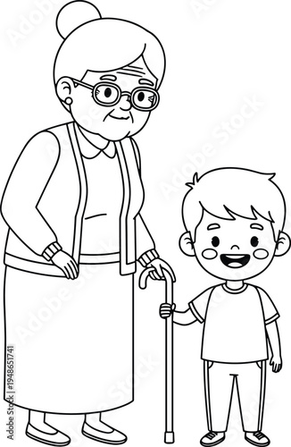 Grandmother and grandson standing together illustration, elderly woman with walking cane and happy child, family love and generation bonding concept