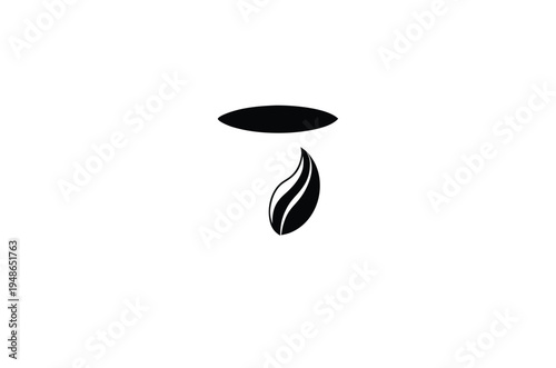 Minimalist black coffee bean and leaf design on a white background