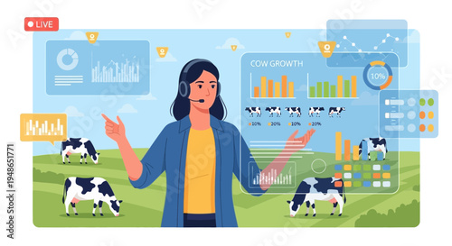 Woman in headset interacting with futuristic farm technology interface.