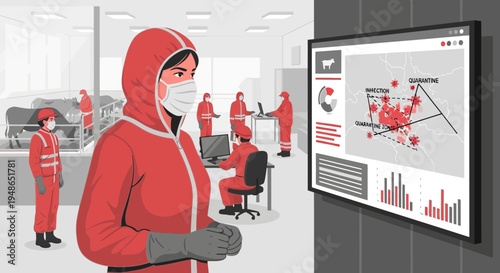 Woman in protective suit observing data on screen.