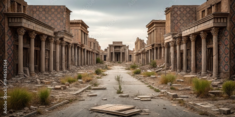 Obraz premium Dangerous Storm Ancient stone ruins with ornate columns and patterned walls under a cloudy sky, surrounded by scattered debris and sparse vegetation.