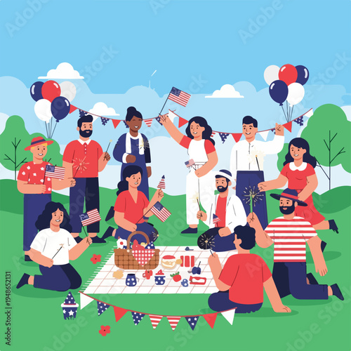 Diverse group enjoying a picnic on a sunny day with flags and sparklers