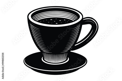 A black and white illustration of a full coffee cup with saucer