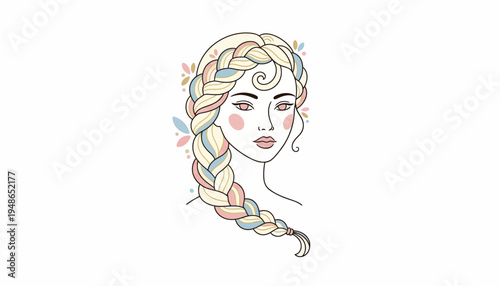 Elegant Woman Portrait with Braided Hair and Floral Accents, Pastel Colors