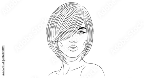 Elegant Woman Portrait, Bob Hairstyle, Fashion Sketch, Minimalist Line Art
