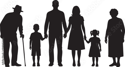 A diverse multi-generational family silhouette stands together holding hands, representing unity and strong bonds on transparent background